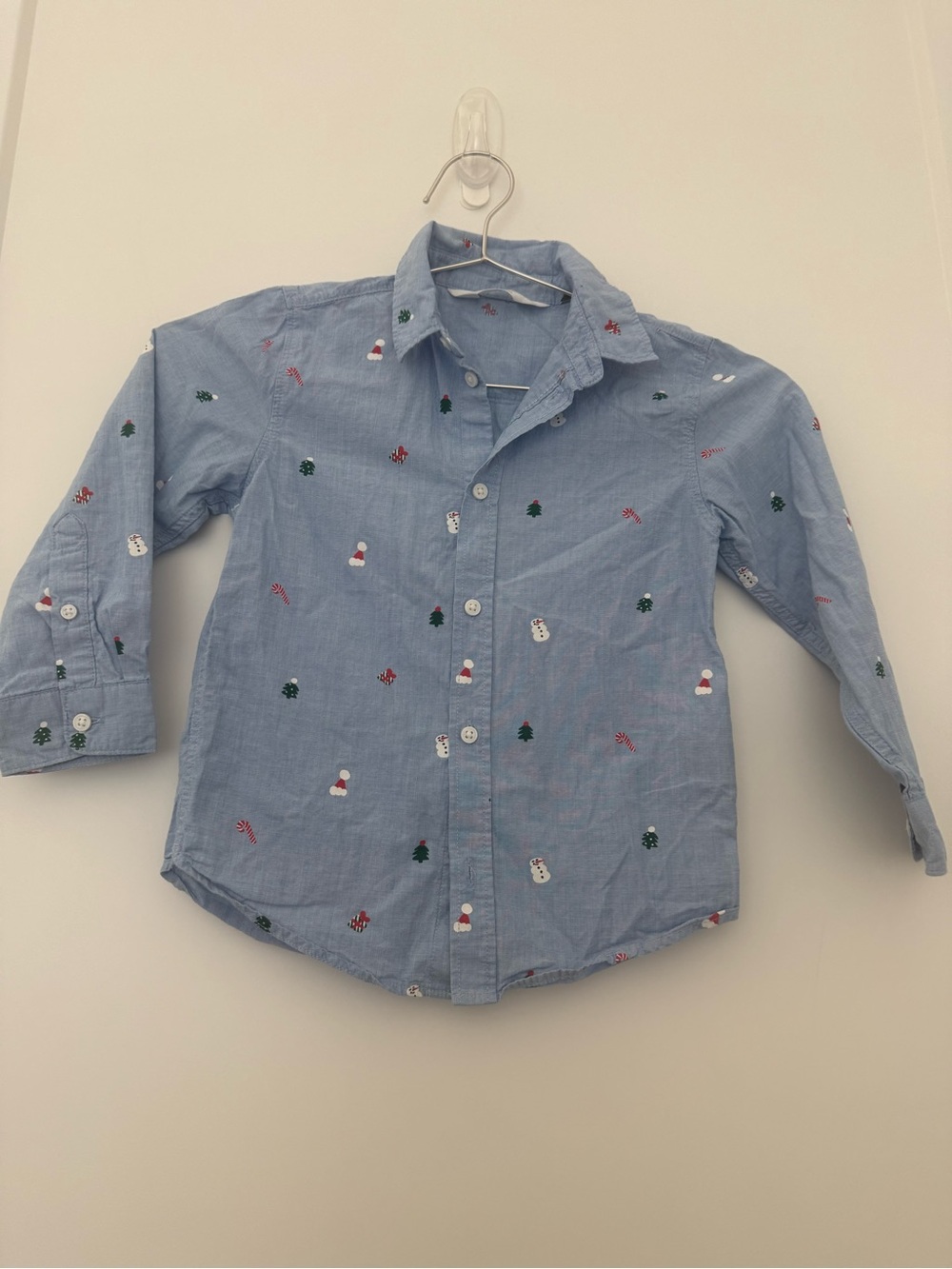 H&M Light Blue Kids' Long-Sleeve Button-Down Shirt with Holiday Embroidery